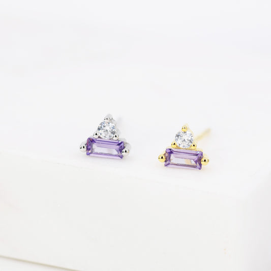 Lilac Purple Baguette and Round CZ Stud Earrings in Sterling Silver, Silver or Gold, Geometric CZ Cluster Earrings, Stacking Earrings