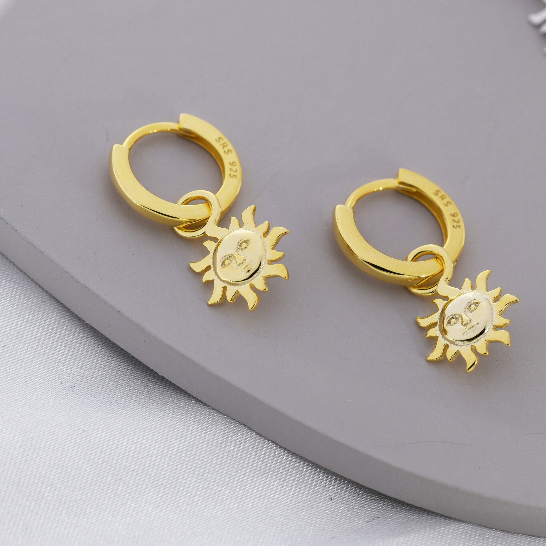 Dangling Sun with Face Hoop in Sterling Silver, Silver or Gold, Sun Face Earrings, Detachable and Interchangeable