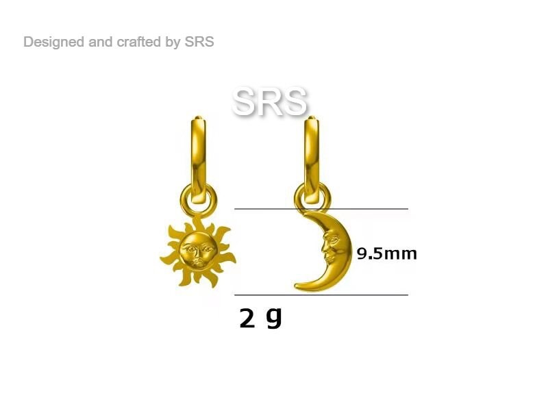 Dangling Sun and Moon with Face Hoop in Sterling Silver, Mismatched Pair, Silver or Gold, Sun Face Earrings, Detachable and Interchangeable