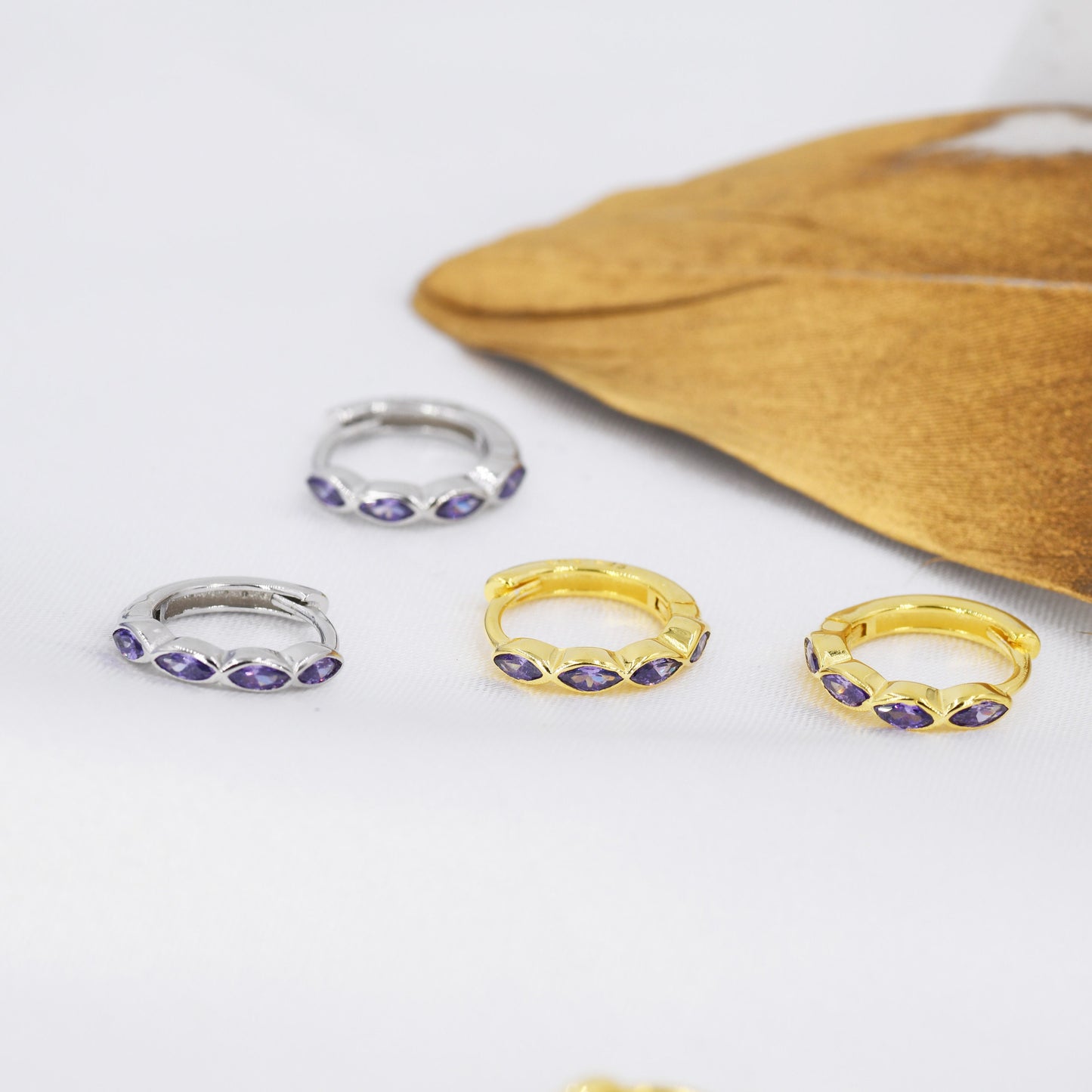 Amethyst Purple Marquise CZ Huggie Hoop in Sterling Silver, Silver or Gold, Minimalist Simple Lilac Hoop Earrings
