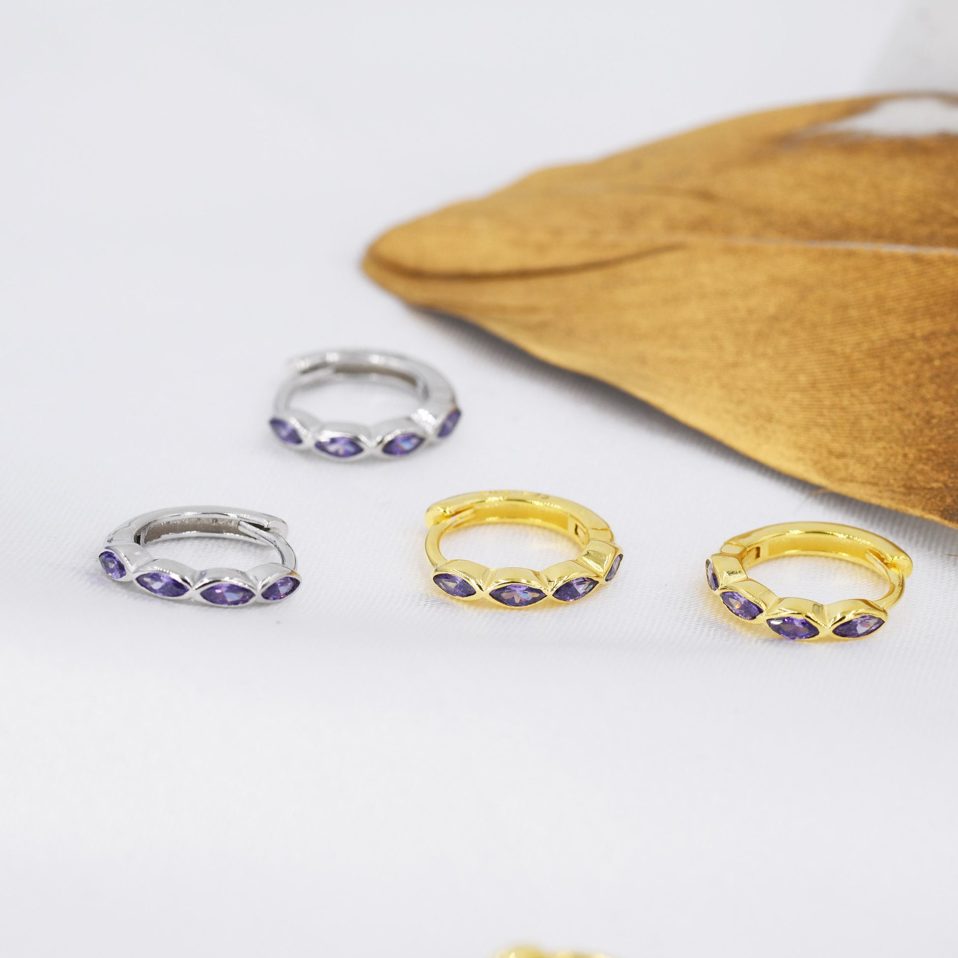 Amethyst Purple Marquise CZ Huggie Hoop in Sterling Silver, Silver or Gold, Minimalist Simple Lilac Hoop Earrings