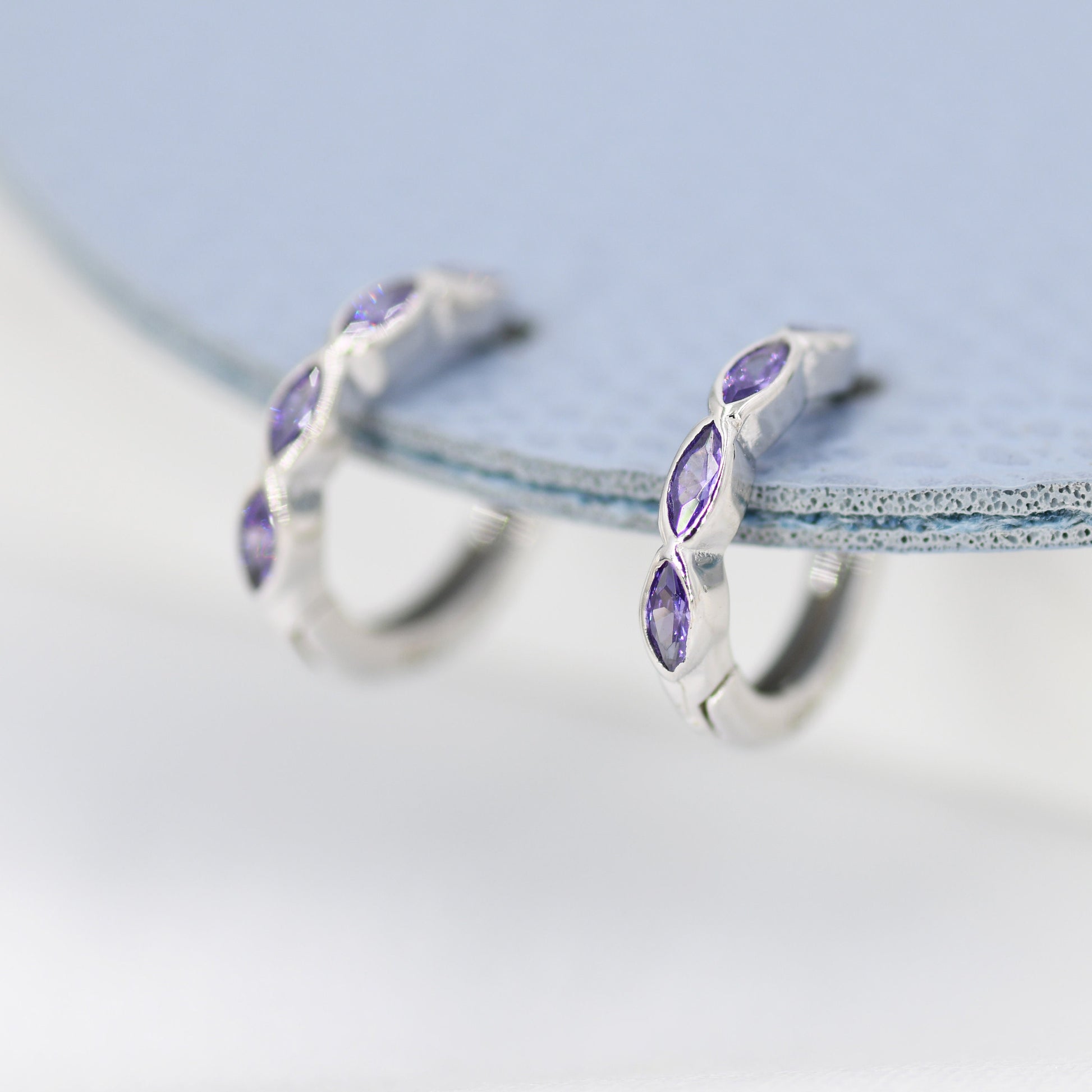 Amethyst Purple Marquise CZ Huggie Hoop in Sterling Silver, Silver or Gold, Minimalist Simple Lilac Hoop Earrings