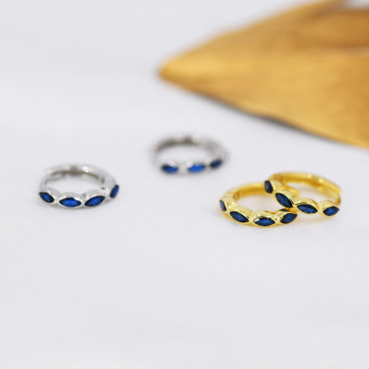 Sapphire Blue Marquise CZ Huggie Hoop in Sterling Silver, Silver or Gold, Minimalist Simple Blue Hoop Earrings