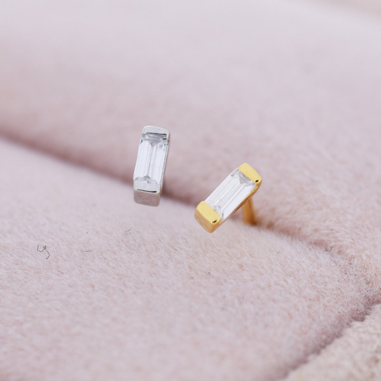 Extra Tiny Baguette CZ Stud Earrings in Sterling Silver, Silver or Gold, Geometric CZ Earrings, Stacking Earrings