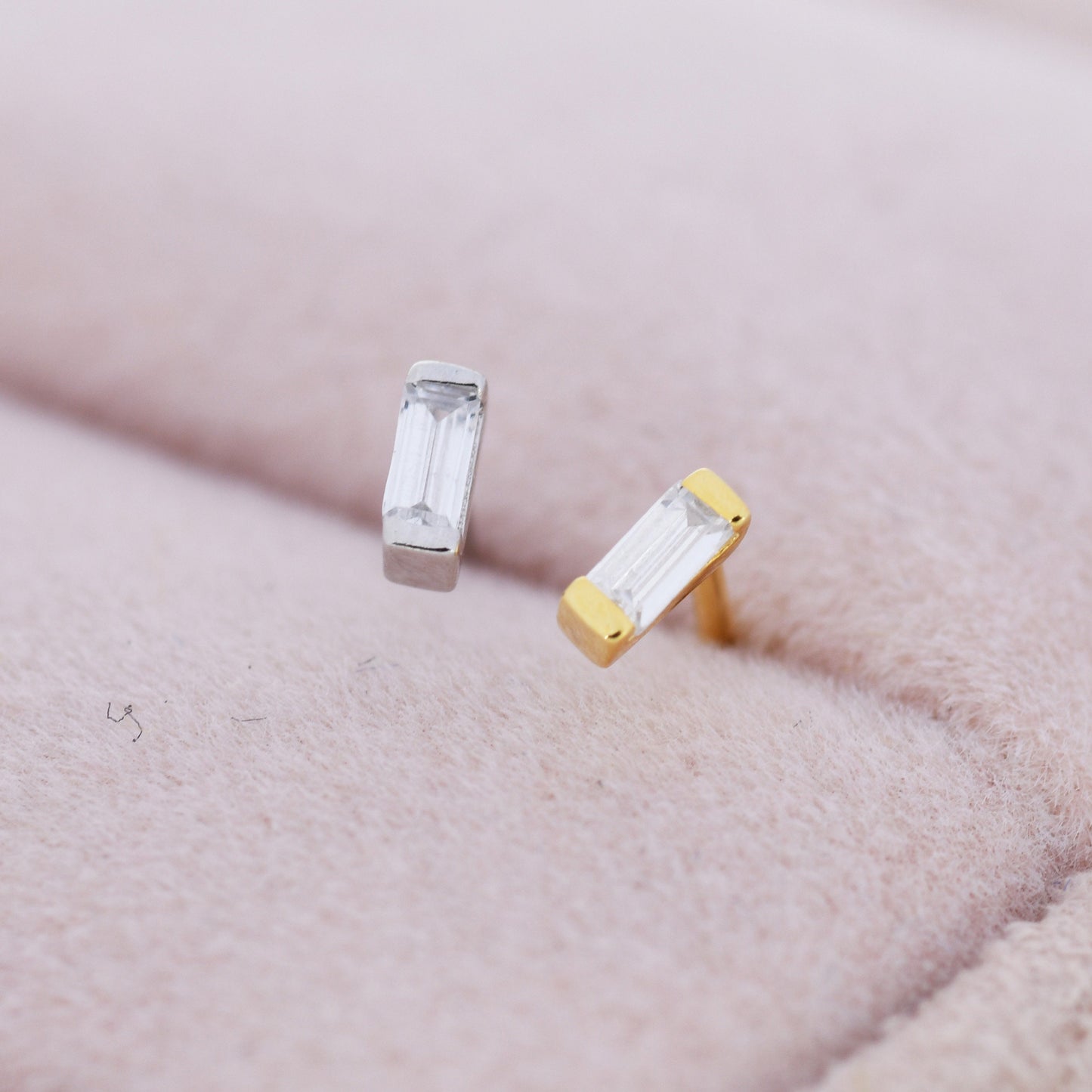 Extra Tiny Baguette CZ Stud Earrings in Sterling Silver, Silver or Gold, Geometric CZ Earrings, Stacking Earrings