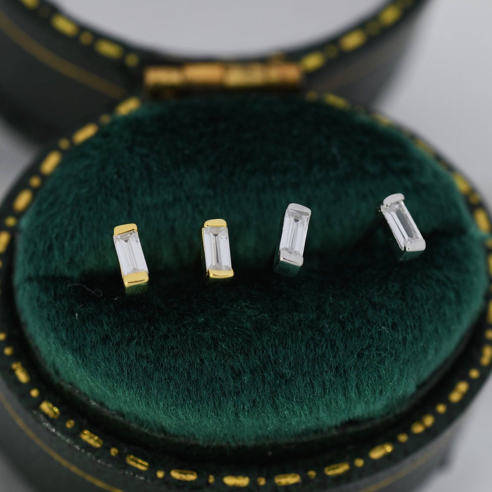 Extra Tiny Baguette CZ Screw Back Earrings in Sterling Silver, Silver or Gold, Geometric CZ Earrings, Stacking Earrings, Barbell Earrings