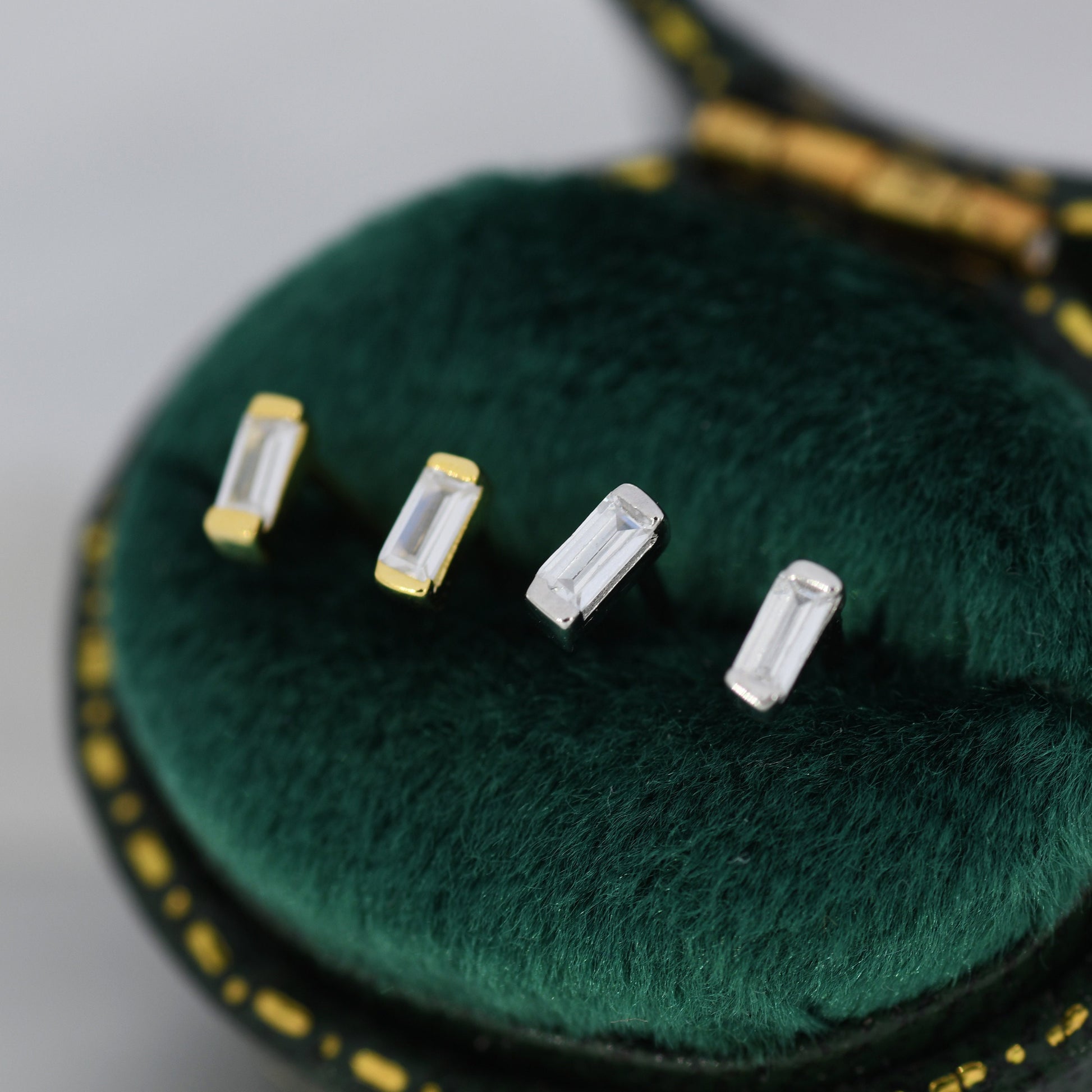 Extra Tiny Baguette CZ Screw Back Earrings in Sterling Silver, Silver or Gold, Geometric CZ Earrings, Stacking Earrings, Barbell Earrings