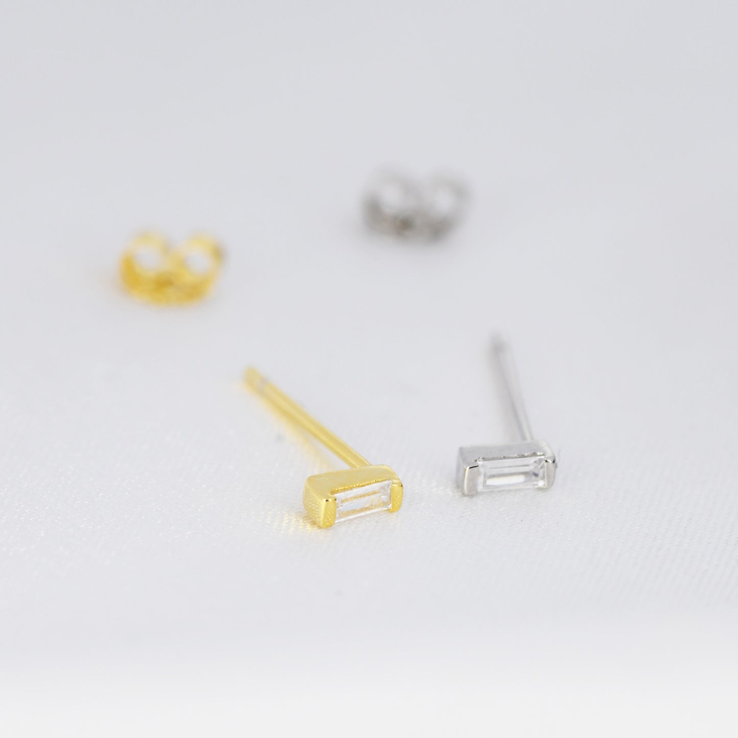 Extra Tiny Baguette CZ Stud Earrings in Sterling Silver, Silver or Gold, Geometric CZ Earrings, Stacking Earrings