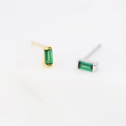 Emerald Green Tiny Baguette CZ Stud Earrings in Sterling Silver, Silver or Gold, Geometric Tiny CZ Earrings, Stacking Earrings