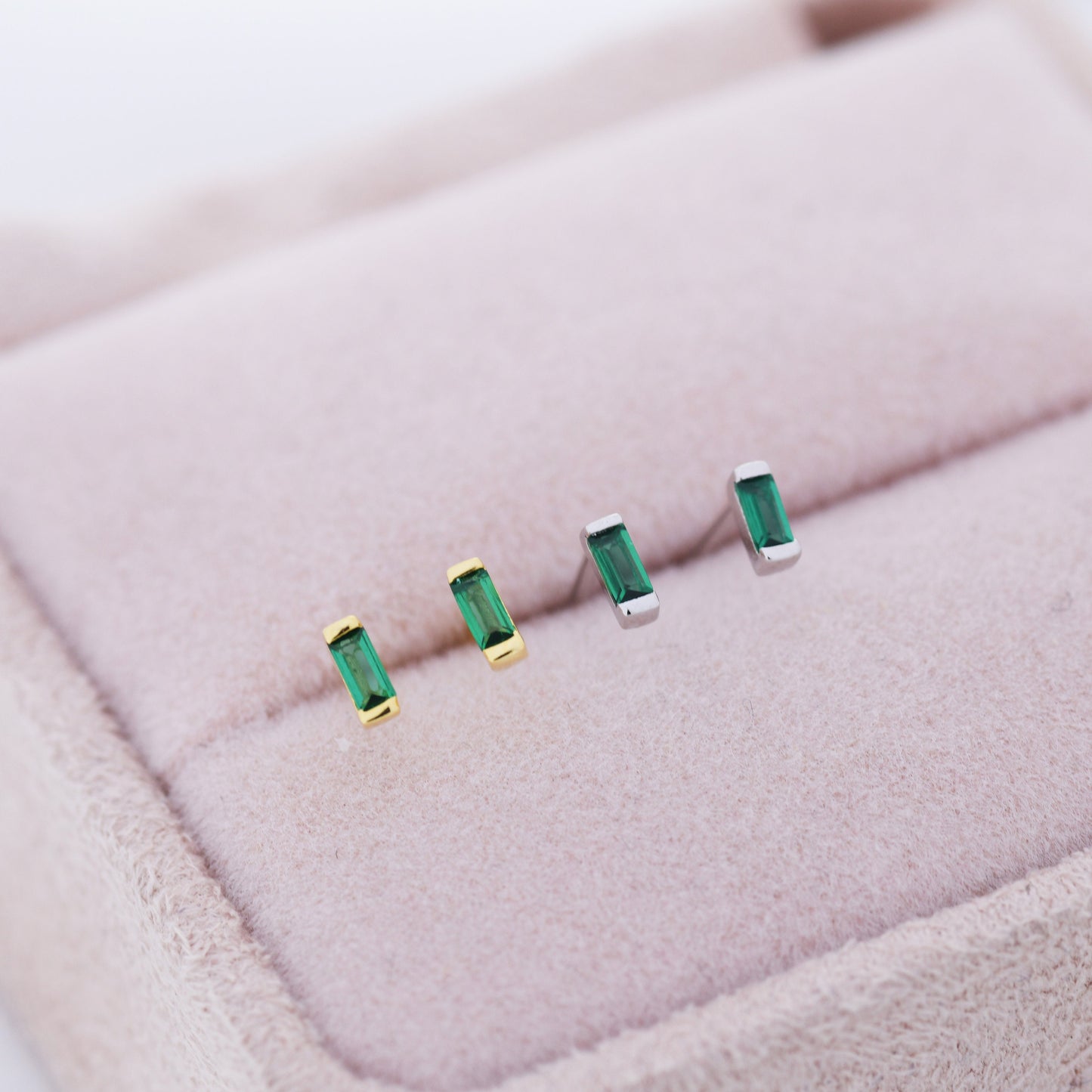 Emerald Green Tiny Baguette CZ Stud Earrings in Sterling Silver, Silver or Gold, Geometric Tiny CZ Earrings, Stacking Earrings