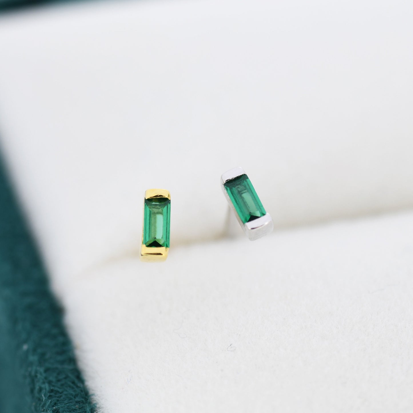 Emerald Green Tiny Baguette CZ Stud Earrings in Sterling Silver, Silver or Gold, Geometric Tiny CZ Earrings, Stacking Earrings