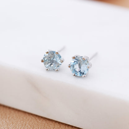 Genuine Sky Blue Blue Topaz Stud Earrings in Sterling Silver, Silver or Gold, Trillion Cut Natural  Blue Topaz Earrings, Double Pronged