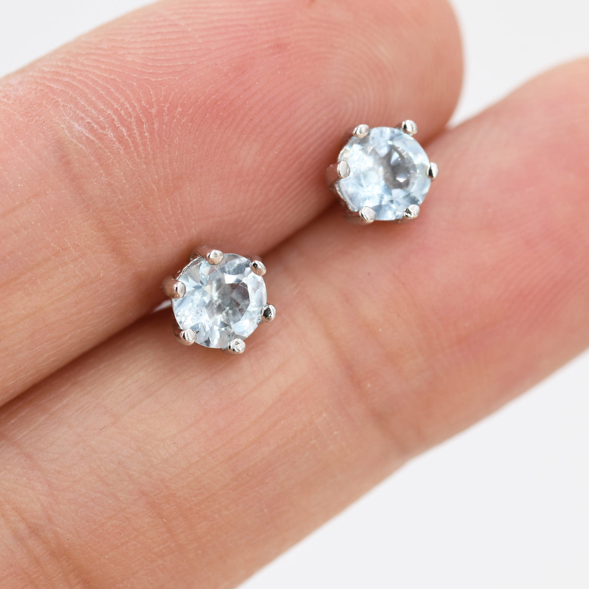 Genuine Sky Blue Blue Topaz Stud Earrings in Sterling Silver, Silver or Gold, Trillion Cut Natural Blue Topaz Earrings, Double Pronged