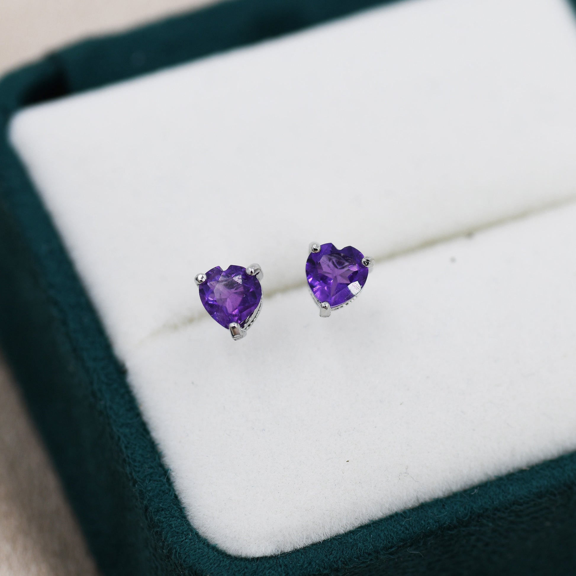 Genuine Amethyst Heart Stud Earrings in Sterling Silver, Dark Amethyst Crystal Earrings, Natural Purple Amethyst Earrings, Heart Earrings