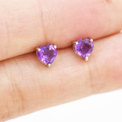 Genuine Amethyst Heart Stud Earrings in Sterling Silver, Dark Amethyst Crystal Earrings, Natural Purple Amethyst Earrings, Heart Earrings