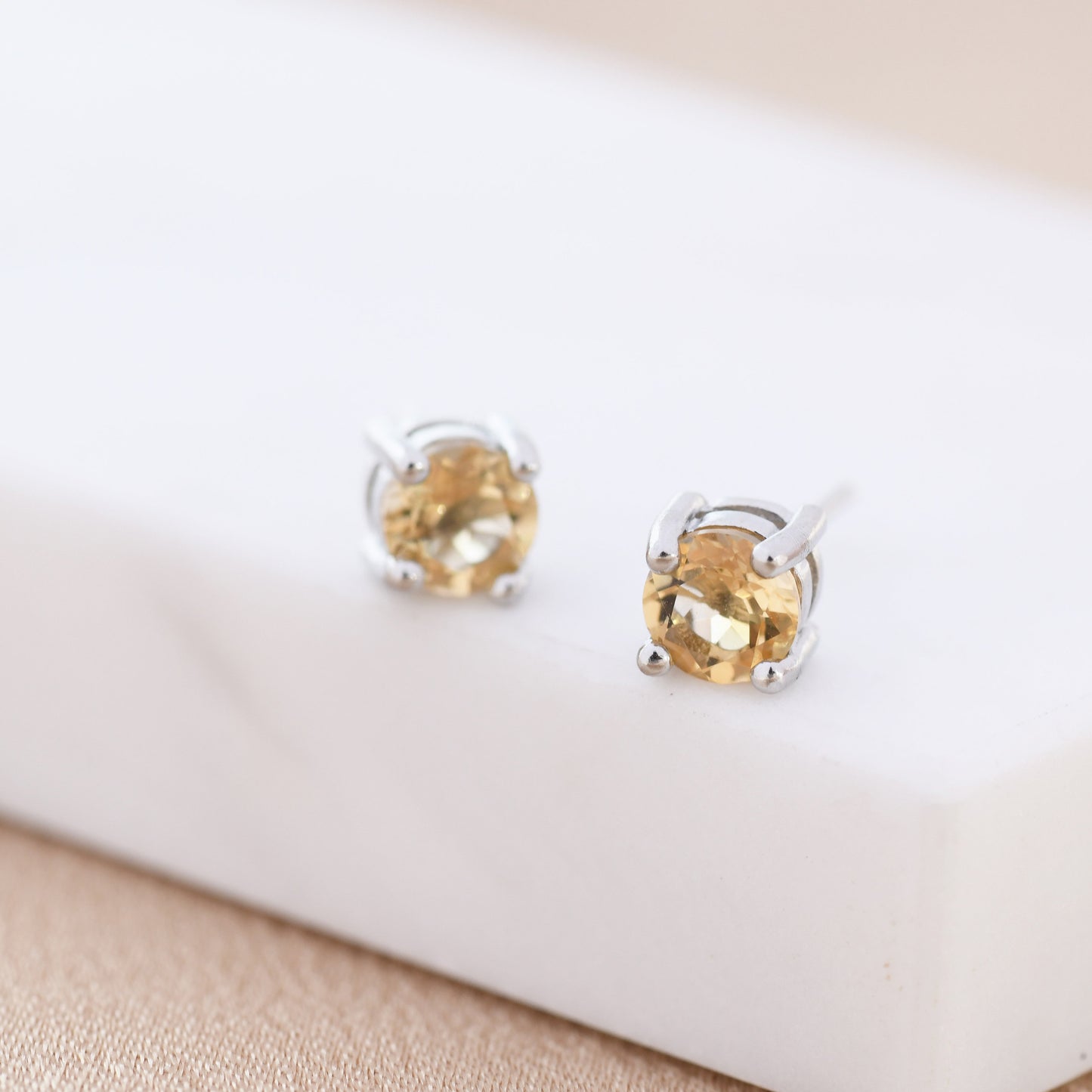Genuine Yellow Citrine Stud Earrings in Sterling Silver, Silver or Gold, Citrine Earrings, Four Prong Citrine Crystal Earrings