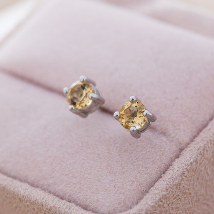 Genuine Yellow Citrine Stud Earrings in Sterling Silver, Silver or Gold, Citrine Earrings, Four Prong Citrine Crystal Earrings