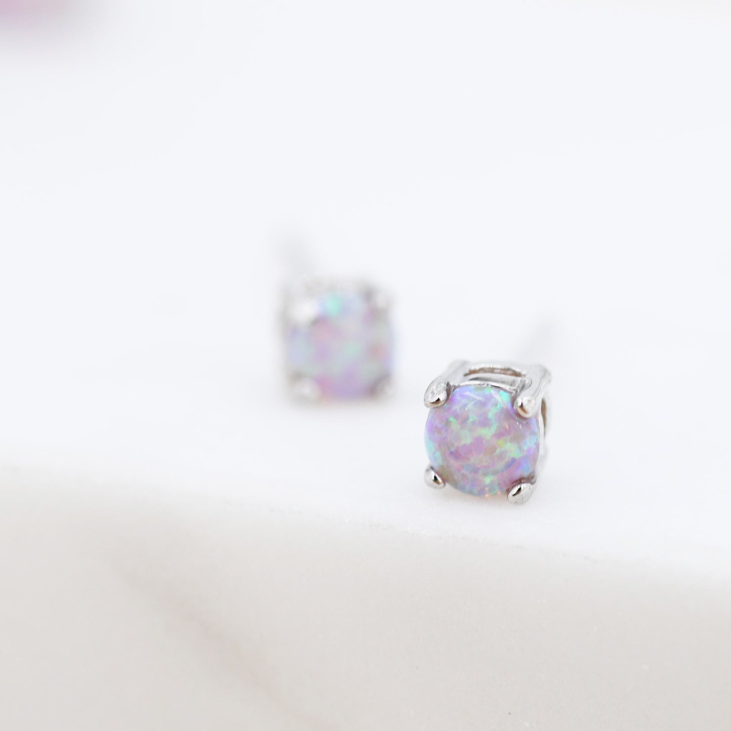 Cosmic Dust Minimalist Opal Stud Earrings in Sterling Silver, Simulated Opal, Blue Lilac Pink Hues