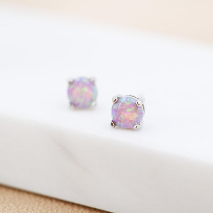 Cosmic Dust Minimalist Opal Stud Earrings in Sterling Silver, Simulated Opal, Blue Lilac Pink Hues