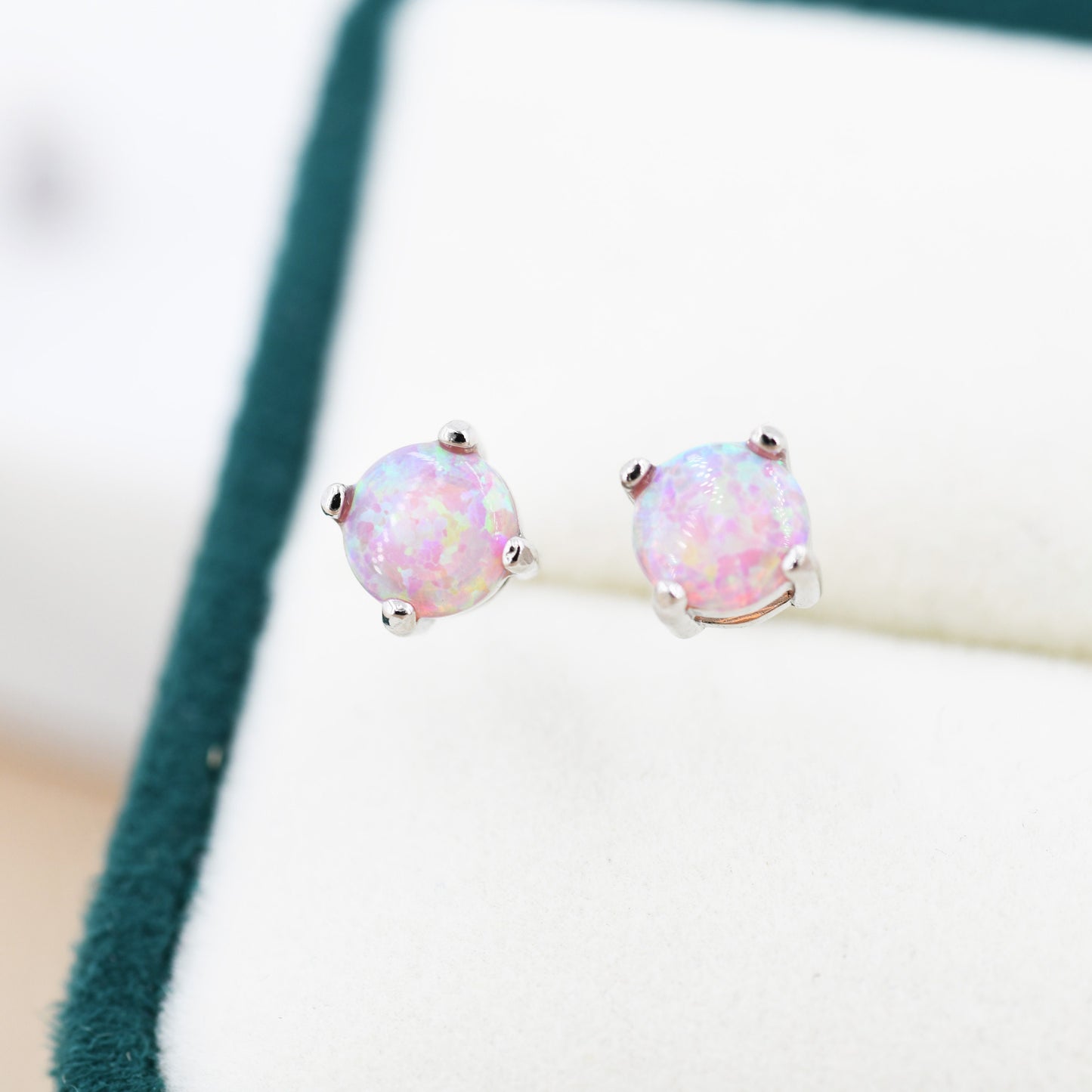 Cosmic Dust Minimalist Opal Stud Earrings in Sterling Silver, Simulated Opal, Blue Lilac Pink Hues