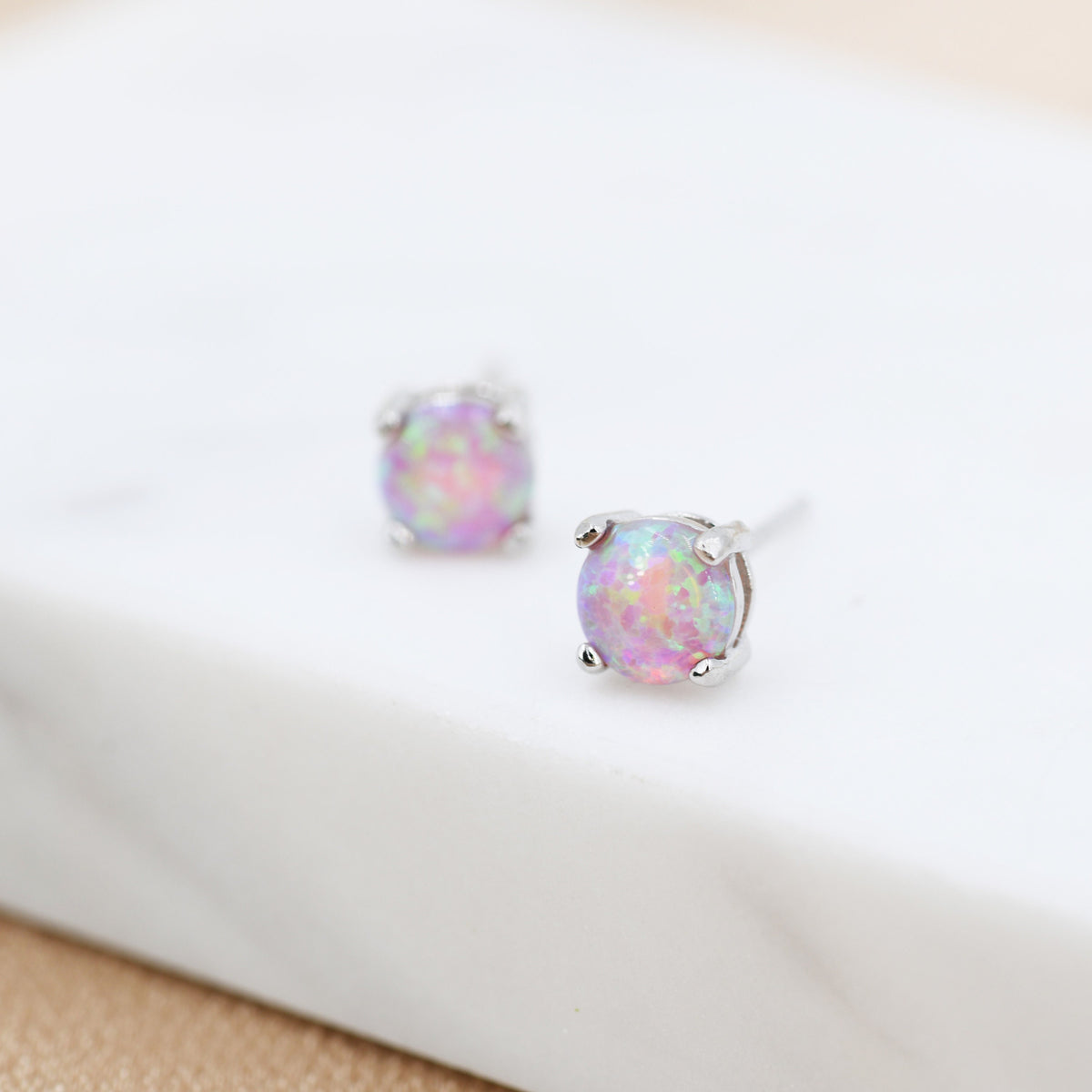 Cosmic Dust Minimalist Opal Stud Earrings in Sterling Silver, Simulated Opal, Blue Lilac Pink Hues
