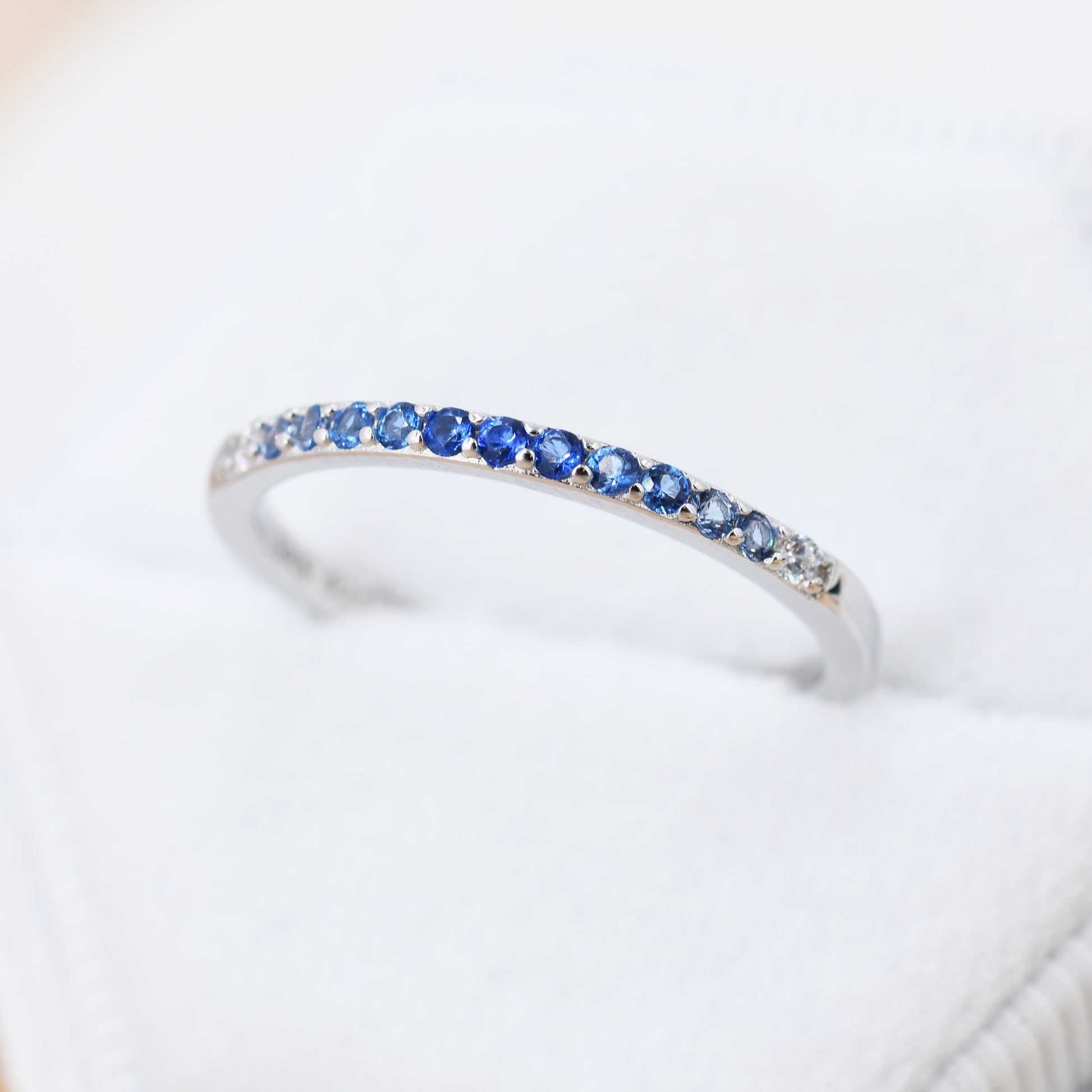 Sapphire Blue Ombre Half Eternity Ring in Sterling Silver, Silver or Gold, Blue Sapphire CZ Skinny Ring, Minimalist Stacking Ring US 5 - 8