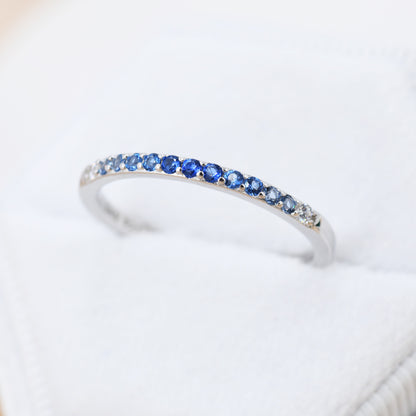 Sapphire Blue Ombre Half Eternity Ring in Sterling Silver, Silver or Gold, Blue Sapphire CZ Skinny Ring, Minimalist Stacking Ring US 5 - 8