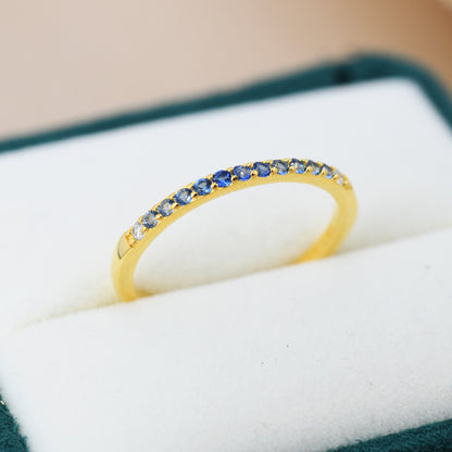 Sapphire Blue Ombre Half Eternity Ring in Sterling Silver, Silver or Gold, Blue Sapphire CZ Skinny Ring, Minimalist Stacking Ring US 5 - 8