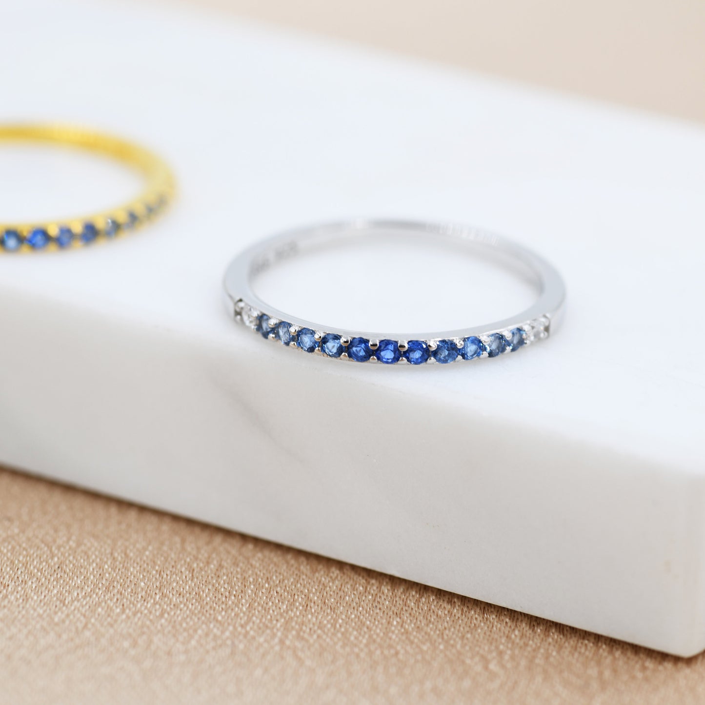 Sapphire Blue Ombre Half Eternity Ring in Sterling Silver, Silver or Gold, Blue Sapphire CZ Skinny Ring, Minimalist Stacking Ring US 5 - 8