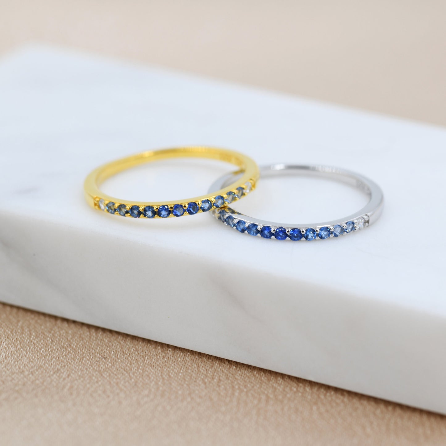 Sapphire Blue Ombre Half Eternity Ring in Sterling Silver, Silver or Gold, Blue Sapphire CZ Skinny Ring, Minimalist Stacking Ring US 5 - 8