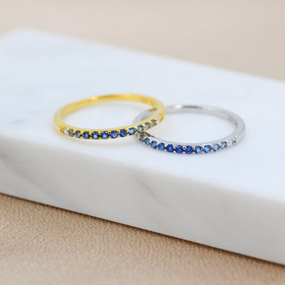 Sapphire Blue Ombre Half Eternity Ring in Sterling Silver, Silver or Gold, Blue Sapphire CZ Skinny Ring, Minimalist Stacking Ring US 5 - 8