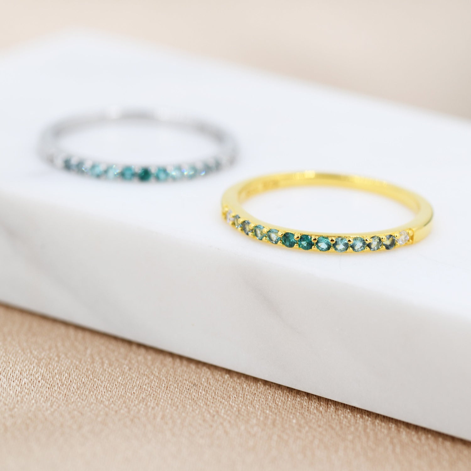 Emerald Green Ombre Half Eternity Ring in Sterling Silver, Silver or Gold, Green CZ Skinny Ring, Minimalist Stacking Ring US 5 - 8
