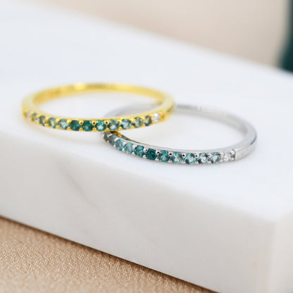 Emerald Green Ombre Half Eternity Ring in Sterling Silver, Silver or Gold, Green CZ Skinny Ring, Minimalist Stacking Ring US 5 - 8