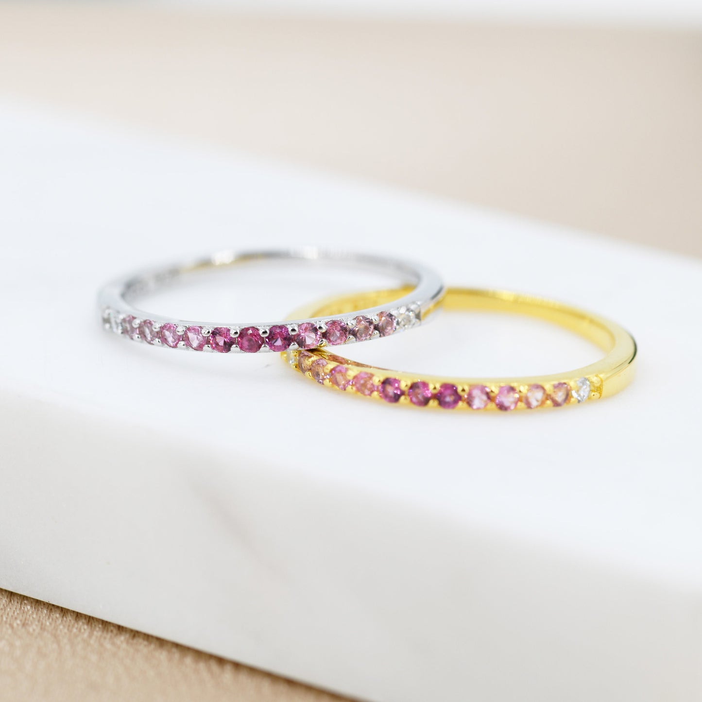 Ruby Red Ombre Half Eternity Ring in Sterling Silver, Silver or Gold, Red CZ Skinny Ring, Minimalist Stacking Ring US 5 - 8