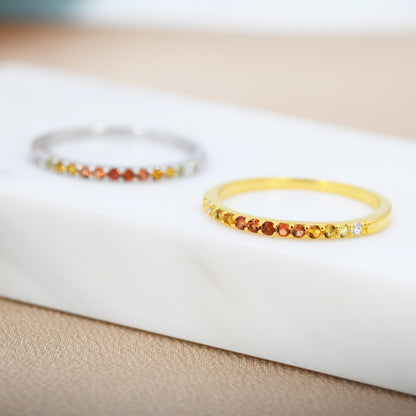 Rainbow Red Ombre Half Eternity Ring in Sterling Silver, Silver or Gold, Garnet Red CZ Skinny Ring, Minimalist Stacking Ring US 5 - 8
