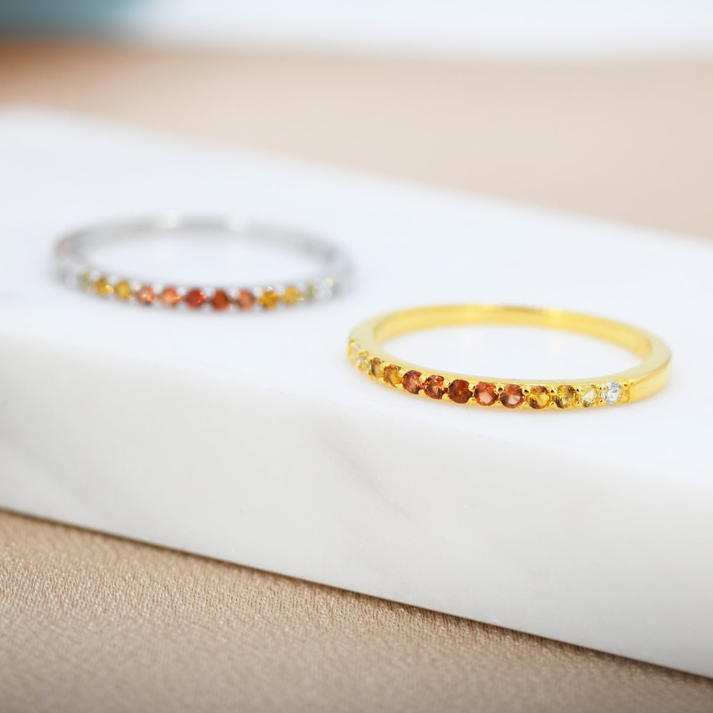 Rainbow Red Ombre Half Eternity Ring in Sterling Silver, Silver or Gold,  Garnet Red CZ Skinny Ring, Minimalist Stacking Ring US 5 - 8