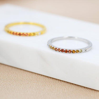 Rainbow Red Ombre Half Eternity Ring in Sterling Silver, Silver or Gold, Garnet Red CZ Skinny Ring, Minimalist Stacking Ring US 5 - 8
