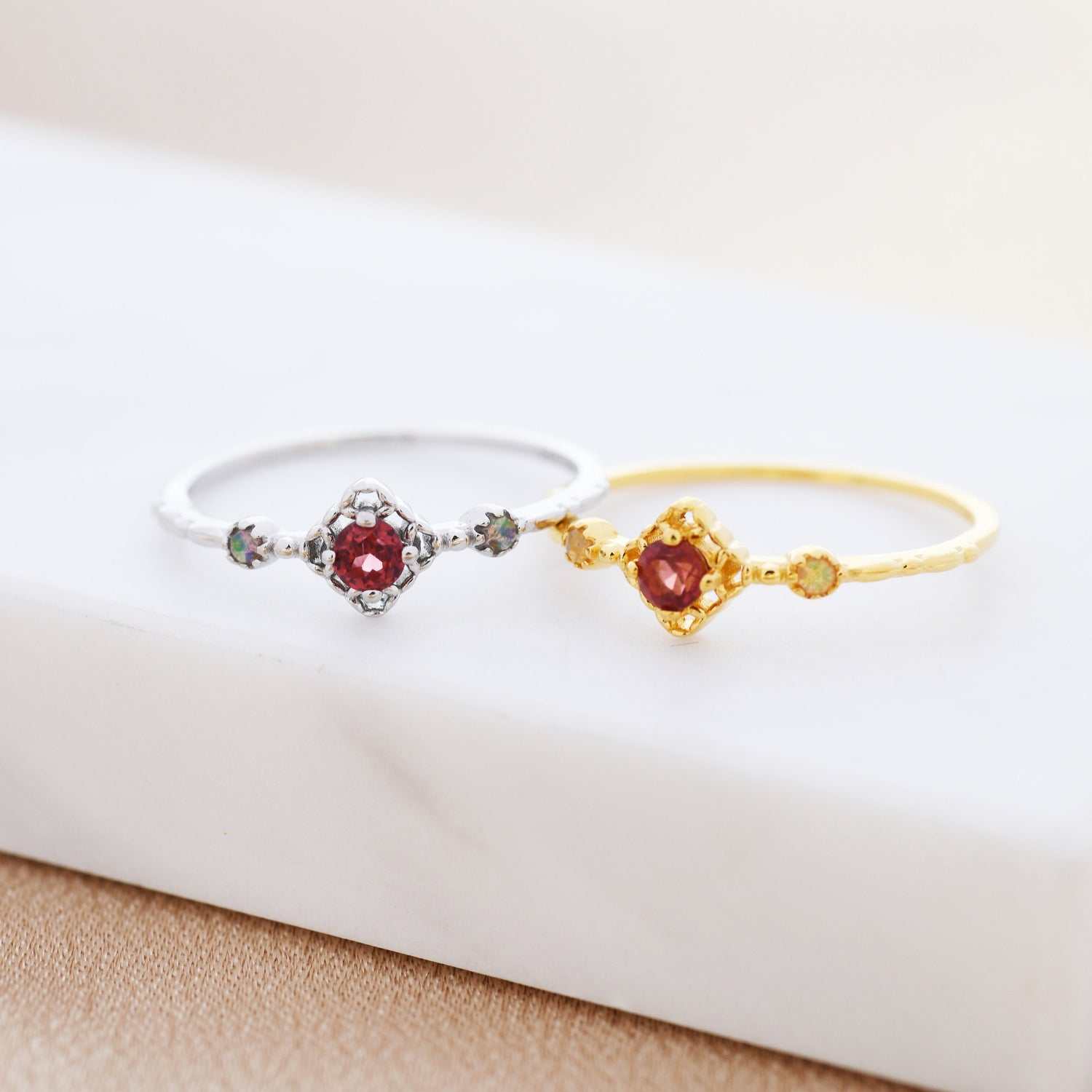 Natural Garnet and Opal Ring in Sterling Silver, Silver or Gold, Natural Semi-Precious Red Garnet Ring, Vintage Inspired Design, US 5-8