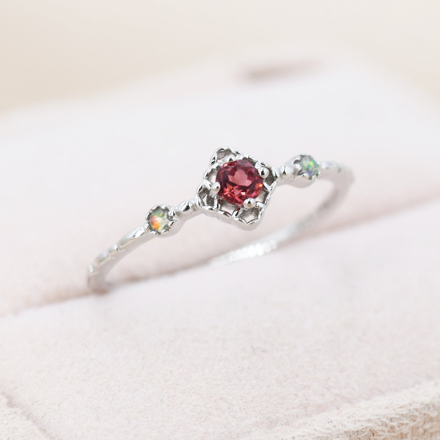 Natural Garnet and Opal Ring in Sterling Silver, Silver or Gold, Natural Semi-Precious Red Garnet Ring, Vintage Inspired Design, US 5-8