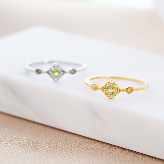 Natural Peridot and Opal Ring in Sterling Silver, Silver or Gold, Natural Semi-Precious Peridot Ring, Vintage Inspired Design, US 5-8