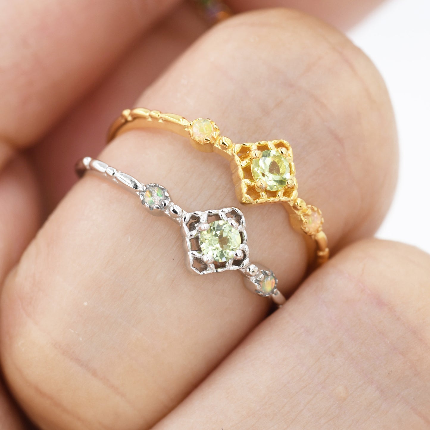 Natural Peridot and Opal Ring in Sterling Silver, Silver or Gold, Natural Semi-Precious Peridot Ring, Vintage Inspired Design, US 5-8
