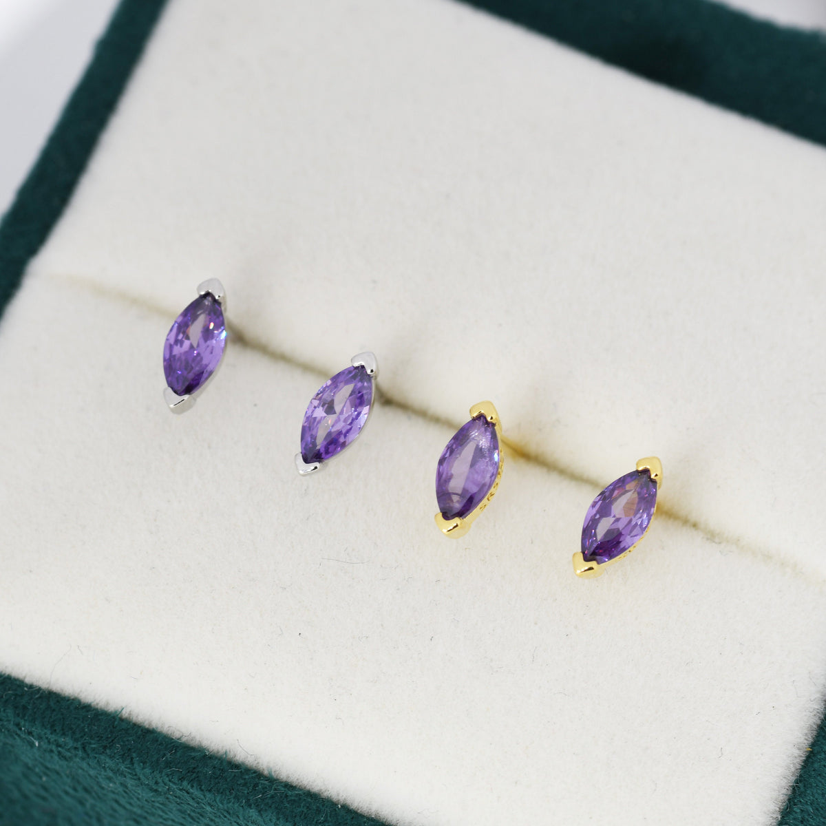 Sterling Silver Purple Amethyst Marquise Stud Earrings, Simulated Amethyst Crystal, Minimalist Geometric Design, February Birthstone
