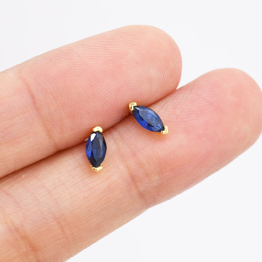 Sterling Silver Sapphire Blue Marquise Stud Earrings, Simulated Sapphire Crystal,  Minimalist Geometric Design, September Birthstone