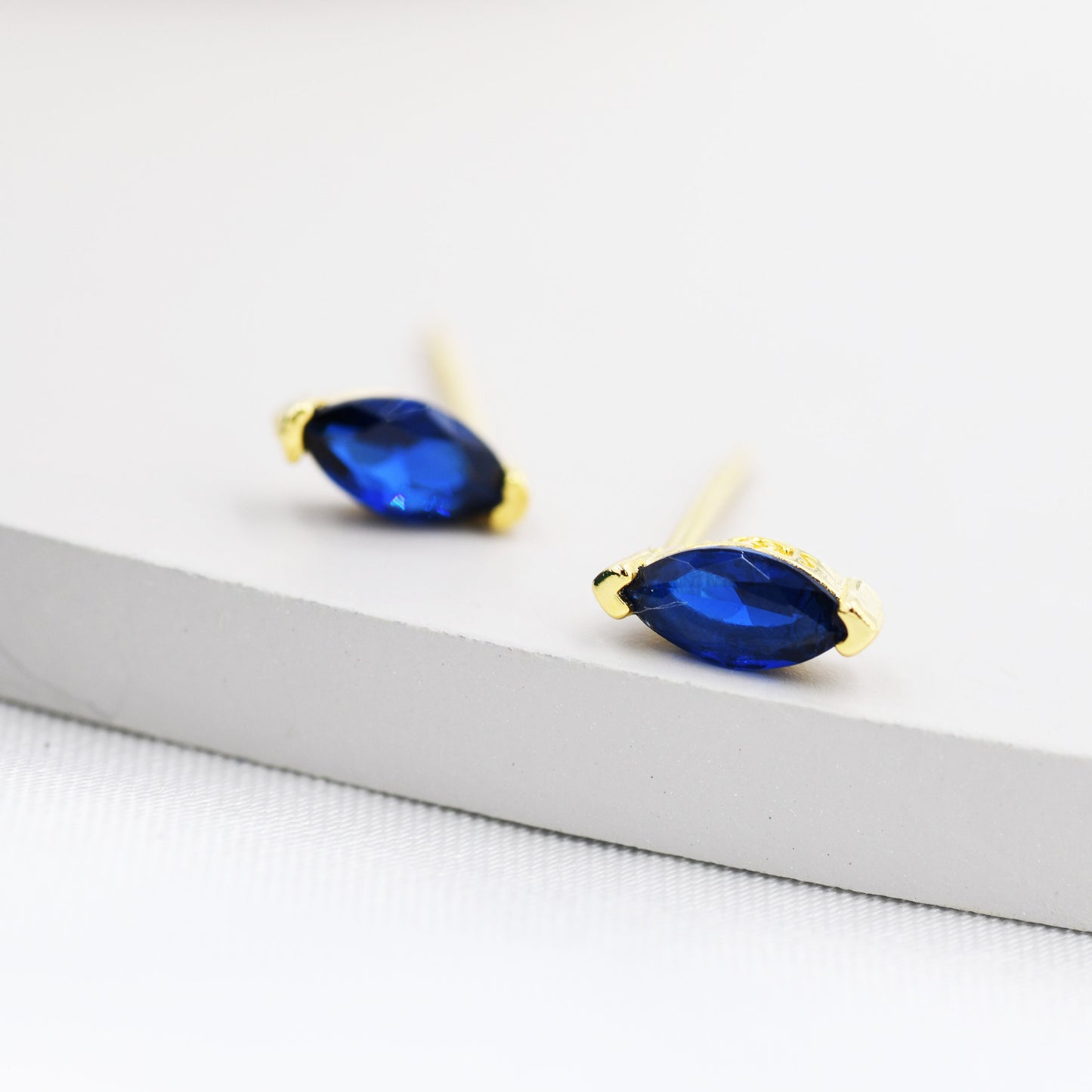 Sterling Silver Sapphire Blue Marquise Stud Earrings, Simulated Sapphire Crystal,  Minimalist Geometric Design, September Birthstone