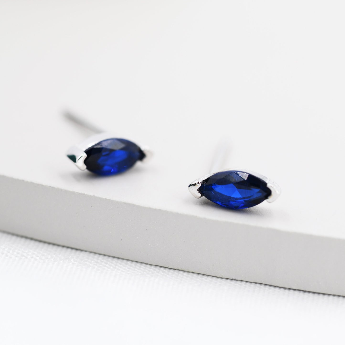 Sterling Silver Sapphire Blue Marquise Stud Earrings, Simulated Sapphire Crystal,  Minimalist Geometric Design, September Birthstone