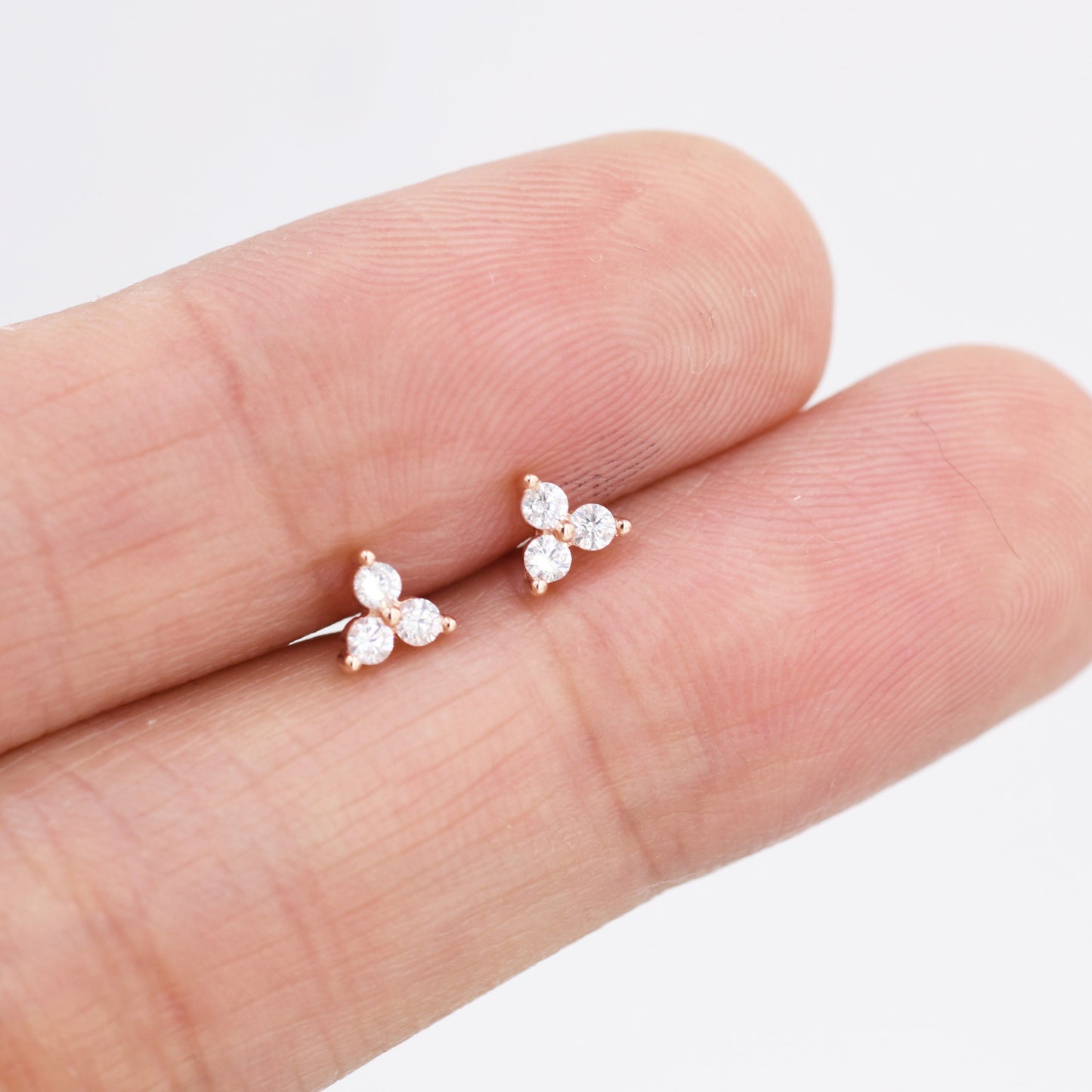 Very Tiny Three Dot Trio Stud Earrings in Sterling Silver with Sparkly CZ Crystals, Silver, Gold, Rose Gold
