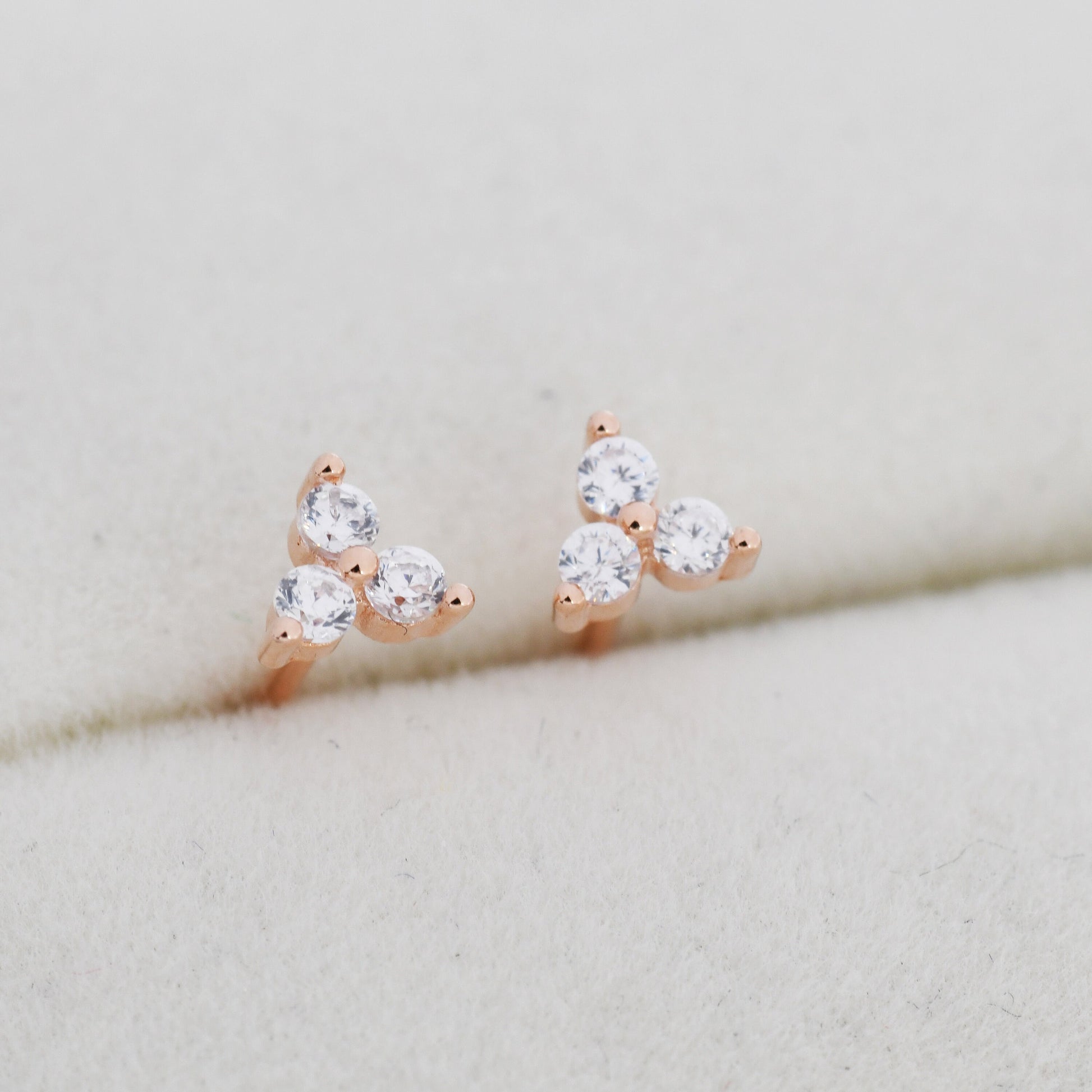 Very Tiny Three Dot Trio Stud Earrings in Sterling Silver with Sparkly CZ Crystals, Silver, Gold, Rose Gold
