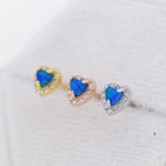 Tiny Blue Opal Heart with CZ Stud Earrings in Sterling Silver, Silver, Gold or Rose Gold, Vintage Inspired Design