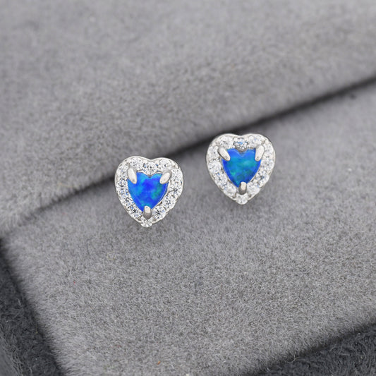 Tiny Blue Opal Heart with CZ Stud Earrings in Sterling Silver, Silver, Gold or Rose Gold, Vintage Inspired Design