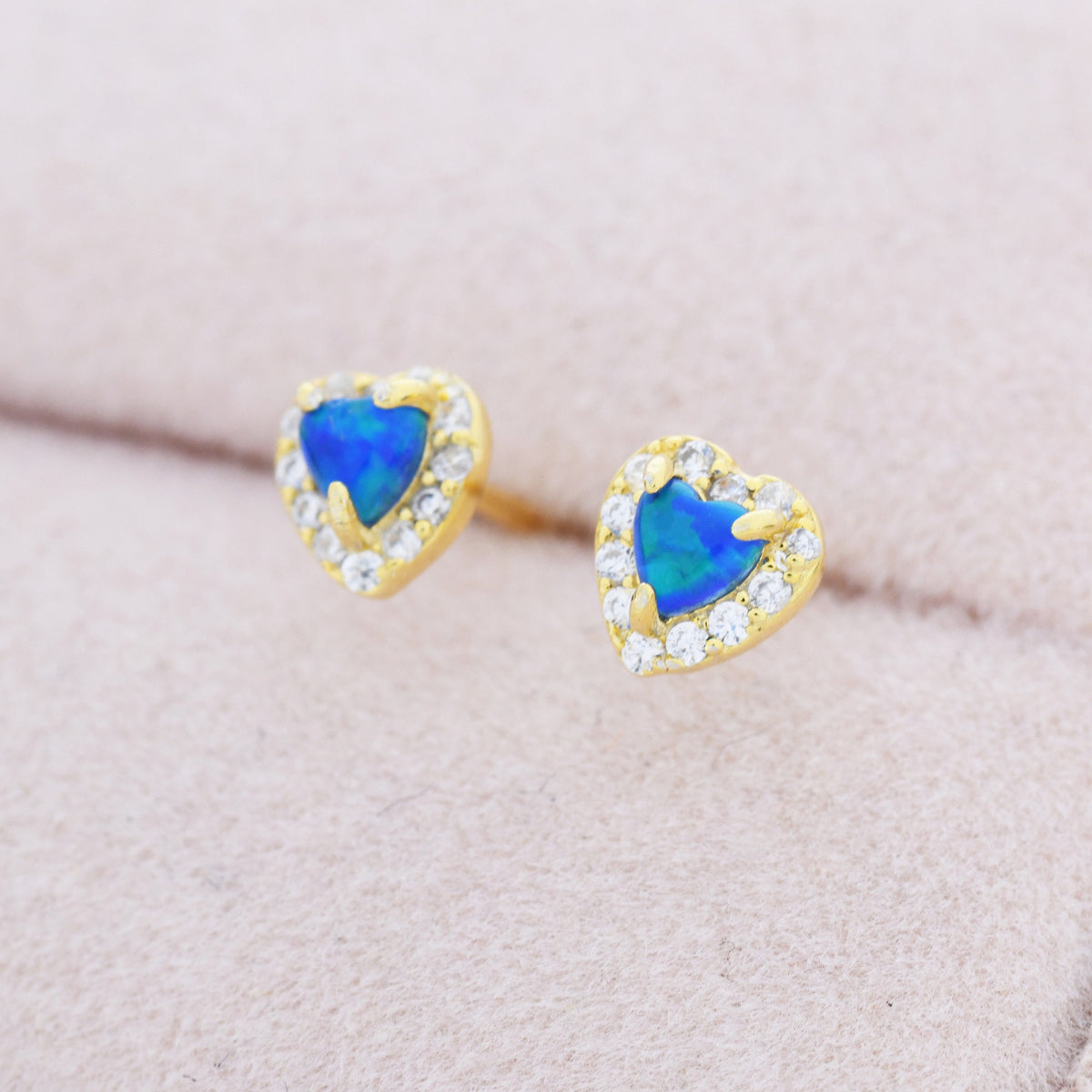 Tiny Blue Opal Heart with CZ Stud Earrings in Sterling Silver, Silver, Gold or Rose Gold, Vintage Inspired Design
